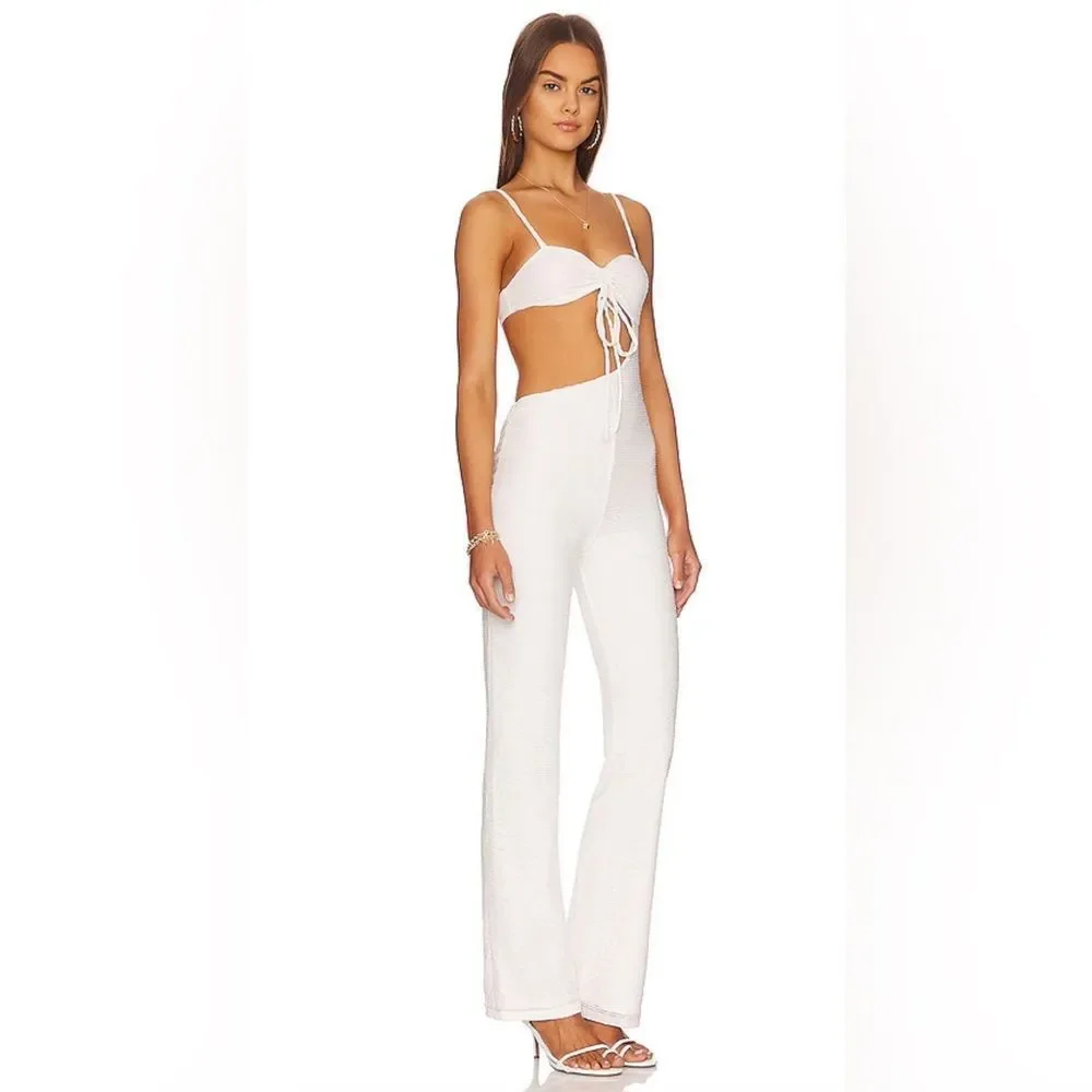 Camila Coelho Aurora Cutout Jumpsuit in White Textured Stretch Burnout REVOLVE - Picture 2 of 12